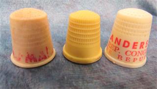 LARGE MIXED LOT OF 48 VINTAGE THIMBLES-MIXED METALS AND PLASTIC-SOME ADVERTISING
